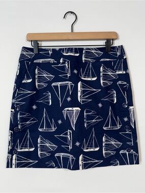 WSK29 {Talbots} Petite Navy Blue White Sail Boat Print A-Line Above Knee Skirt